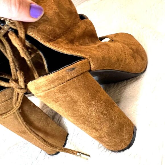 Tan Brown Suede Open Toe Tie Up Heels Size 7.5 - Picture 10 of 11